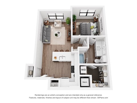 A floor plan of a small apartment with a living room, kitchen, and bathroom.